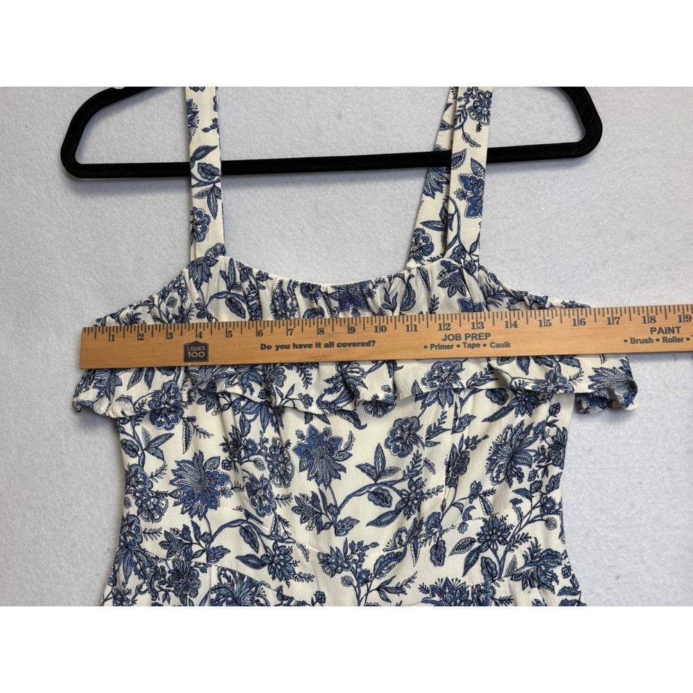 LOFT Women Blue White Floral Toile Wide Leg Ruffle Jumpsuit Size 0 Sleeveless - Picture 6 of 11
